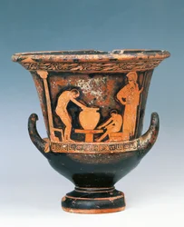 Krater showing scene of potter at work under gaze of Athena, red-figure pottery from Sicily, Italy, Magna Graecia, 5th Century BC