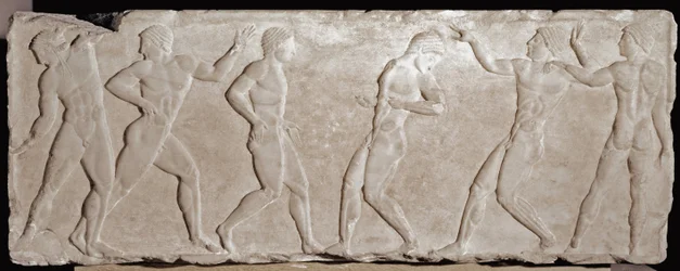 Marble relief base of a funerary kouros depicting six athletes. 510-500 BC. From the Acropolis of Athens. National Archaeological Museum, Athens