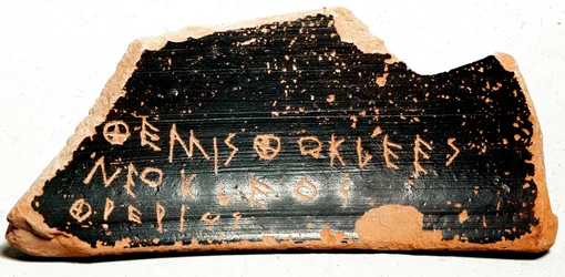 Ostrakon or ostracon, plural: ostraca or ostraka, pottery shards serving as ballots during ostracism procedures in Ancient Greece. 480 BC, Athens. Agora Museum.