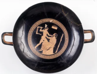 Painting on cup: Representation of Heracles waving a chair to knock out his music master, 470 BC. BNF, Medal Office