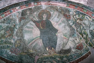 Christ ascended into heaven surrounded by four evangelists, Mosaic in Church of Hosios David, Or Catholicon of Latomos Monastery (UNESCO World Heritage List)