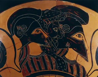 Greek Black-Figure Vase Depicting Three Warriors with Helmets (detail)