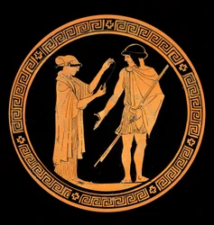 Gallant conversation, decoration of a ceramic with red figures, 5th century BC