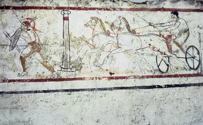 Lucanian fresco tomb painting depicting a gladiator and a man on a chariot, Paestum 350-330 BC
