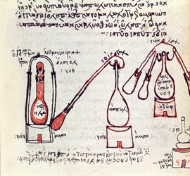 Two alembics and their receivers, copy of a late 3rd or early 4th century treatise on alchemy by Zosimos of Panoplis