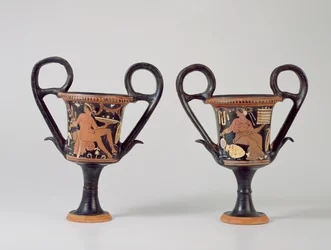 Red-figure kantharos depicting a youth and kantharos depicting a woman, c.310 BC