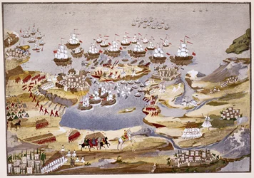 Siege and Naval Battle (plate 13) from Pictorial History of the Greek War of Independence by General Makryjannis