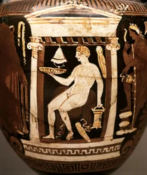 GREEK ART: Apulian red-figure volute-krater. Funerary scene. Offering, ca. 330-320 BC