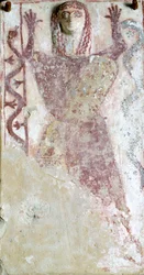 Polychrome Painting on Pinax and Relief Depicting Feminine Deity with Serpent from Agora of Athens, Greece, Greek Civilization, 7th Century BC