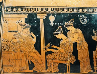 Red-figure Pottery, Epinetron by Eretria Painter Depicting Woman at Her Toilet (detail)