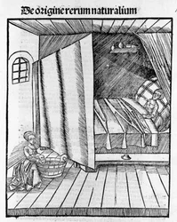 A Midwife Cleans the Newly Born Baby While the Mother is Resting. Engraving in “Margarita Philosophica” by Gregor Reisch (1467-1525), Basel