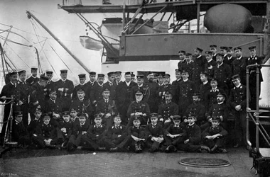 Admiral Lord Walter Kerr and his officers on the quarterdeck of his flagship, HMS Majestic
