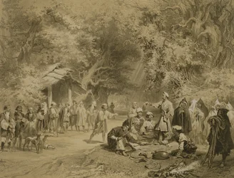 End of the Hunt, Mingrelia, plate 6 from a book on the Caucasus, engraved by Adolphe Mouilleron, published by Alfred Leon Lemercier, Paris