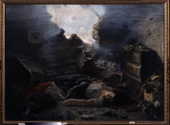 The Siege of Sevastopol (Ukraine). Description of the atrocities of the Crimean War (1853-1856), during the siege of Sevastopol in 1854. The bodies of a woman and her baby lie on the floor of their house with its wall torn away