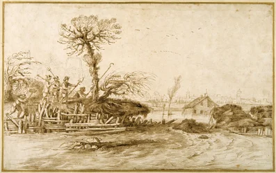 A river in flood, and peasants with axes and other tools