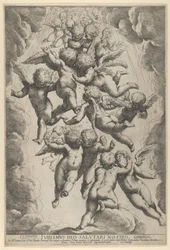 A Group of Angels Embracing in Flight, Framed by Clouds
