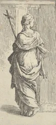 Girl carrying a crucifix and stepping toward a pilaster, seen from behind