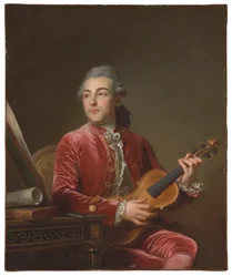 Portrait of a Gentleman, Half-Length, Seated in a Red Velvet Jacket with a Violin