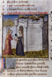 A gallant scene between two lovers: the girl invites her lover to enter