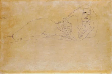 Reclining Nude Facing Right. Portrait of a Half-Naked Woman. Drawing by Gustav Klimt (1862-1918)
