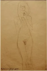 Standing Female Nude with Mouth Covered by Hair