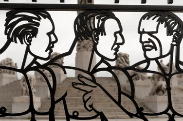Wrought iron gates of naked men sculpture in Frogner Park, Oslo, Norway