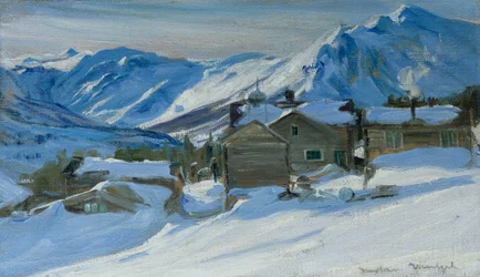 Mountain farm in snow landscape