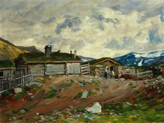 Mountain farm with woman and cow