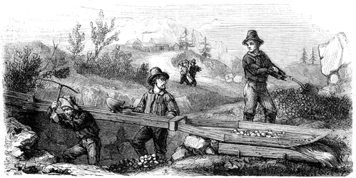 French miners working a long tom sluice, California, 19th century