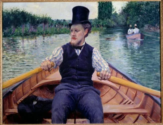 Part of the Boat. A Man Wearing a Tall Hat Rowing in a Boat. Painting by Gustave Caillebotte (1848-1894)