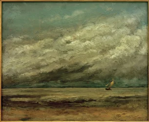 Sailing Boat near the Coast, Stormy Sky