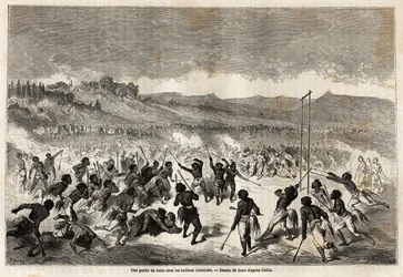 A ball game among the Choctaw Indians, tribe of the Mississippi region, drawn by Gustave Dore, to illustrate the Mississippi voyage to the Pacific Ocean in 1853-54 by Baudouin Mollhausen. Engraving in 