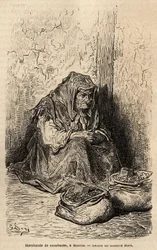 A peanut merchant, sketch in the Puerta del Sol, Madrid. Engraving by Gustave Dore illustrating his trip to Spain with Ch. Davillier, published in 