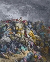 Battle of Arsur - Richard I Lionheart (1157-1199), King of England participating in the Third Crusade - Richard the Lionheart in the Battle of Arsuf (1191), Third Crusade, engraving by Gustave Doré - from History of the Crusades by Joseph-François Michaud