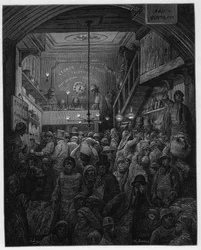 Billingsgate - Sale Of Fish In The Criee. Illustration for London by Louis Enault illustrated by Gustave Dore