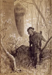 Blondel hearing voice of Richard the Lionheart, illustration for Gargantua and Pantagruel by Francois Rabelais, engraving by Gustave Dore