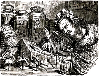 Cartoon by Honore de Balzac by Gustave Dore for the Tales Drolatiques (1855): the writer is croque as an entomologist studying human beings like insects in his cabinet filled with entomology and dissection drafts as well as jars w