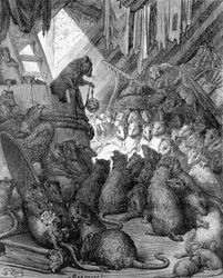 Council held by rats in Fables of La Fontaine, ill. by Gustave Doré