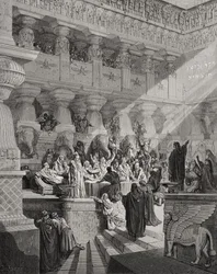 Daniel Interpreting the Writing on the Wall, Daniel 5:25-28, illustration from Dore