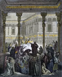 Daniel confounding the priests of Baal - engraving in “The Bible Illustrated” by Gustave Dore - Engraving from “The Dore Bible”
