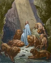 Daniel in the Den of Lions (engraving by Gustave Dore - later colouring)