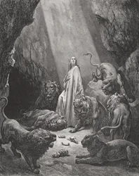 Daniel in the Den of Lions, Daniel 6:16-17, illustration from Doré