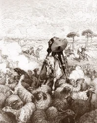 Don Quixote Attacks the Flock of Sheep (Engraving by Gustave Dore for 