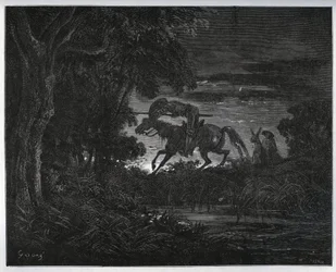 Don Quixote and Sancho Panza at the beginning of the adventure in a thick and unknown forest - from 