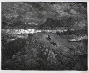 Don Quixote and Sancho Panza continuing their adventures in a mountainous region, Sierra Morena - from 