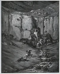 Don Quixote and Sancho Panza discover what caused their concern, a waterfall and a mill a foulon - from 