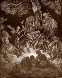Don Quixote and Sancho Panza with the Goatherds, Engraving by Gustave Dore for 