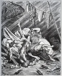 Don Quixote and a muleteer fighting for Maritornes, the housekeeper, whom Don Quixote takes for his Dulcinea - from 