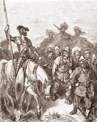 Don Quixote and Sancho Panza Interrogate the Criminals Being Led to the Galleys (Engraving by Gustave Dore for 