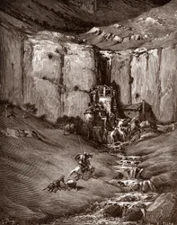 Don Quixote and Sancho Panza see a waterfall and noisy hovels Engraving by Gustave Dore (1832-1883) for “The Ingenious Hidalgo Don Quixote de la Mancha” by Miguel de Cervantes (1547-1616) 1863 Private collection